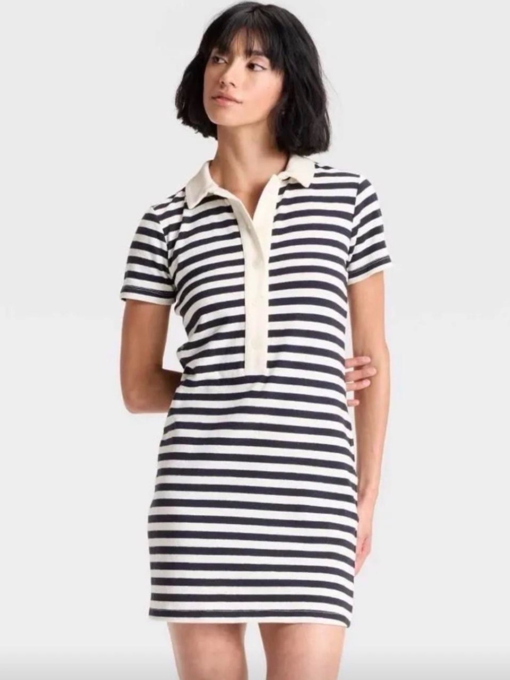 Universal Thread Black & White Striped Polo Dress with Cream Trim